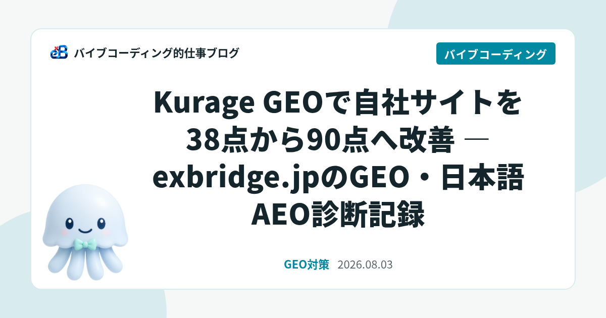 Kurage GEOで自社サイトを38点から90点へ改善 — exbridge.jpのGEO・日本語AEO診断記録