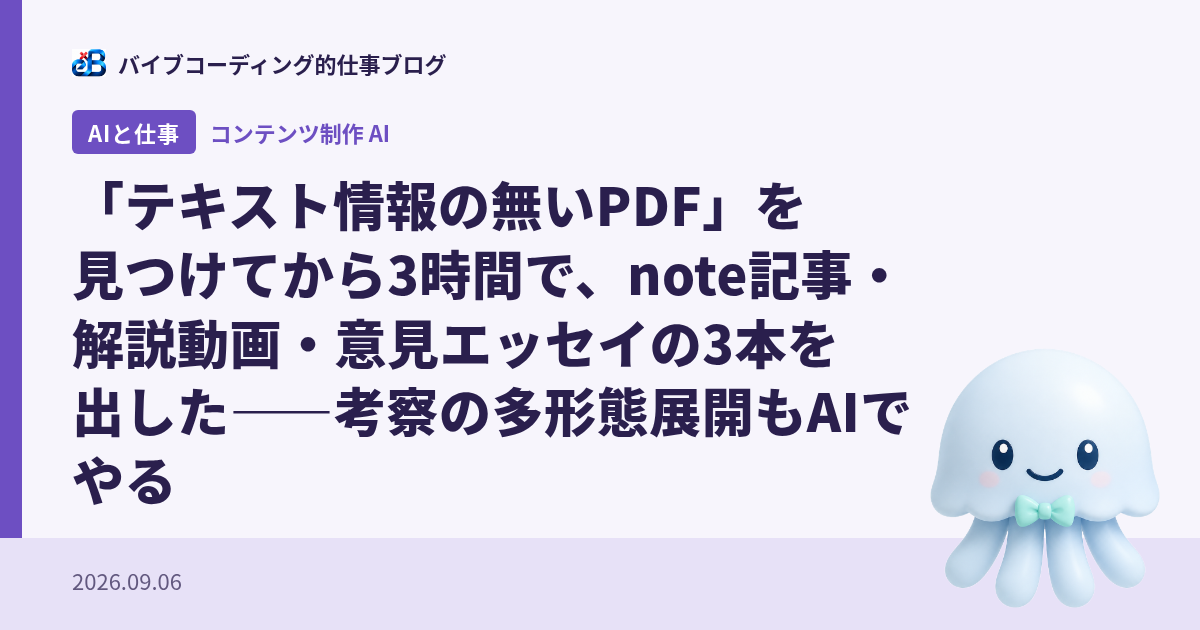 「テキスト情報の無いPDF」を見つけてから3時間で、note記事・解説動画・意見エッセイの3本を出した——考察の多形態展開もAIでやる