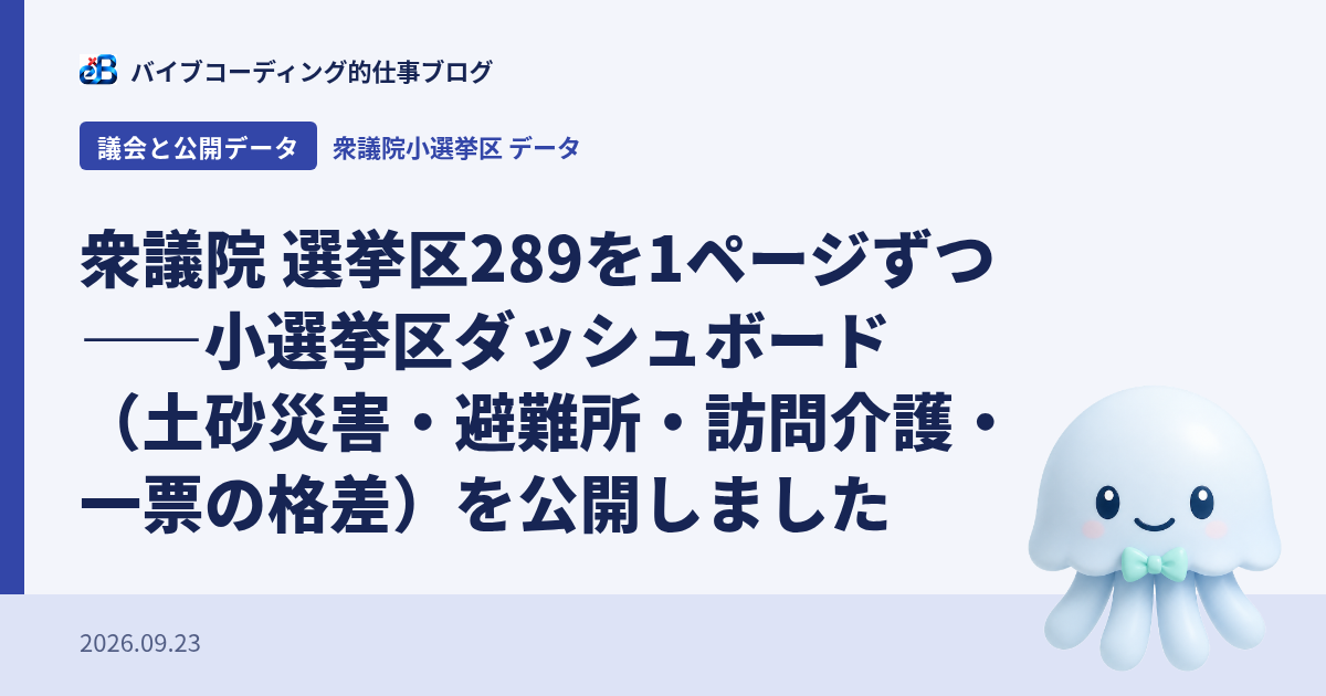衆議院 選挙区289を1ページずつ——小選挙区ダッシュボード(土砂災害・避難所・訪問介護・一票の格差)を公開しました