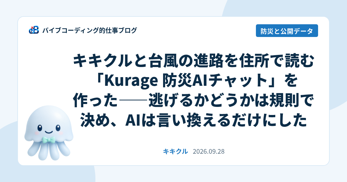 キキクルと台風の進路を住所で読む「Kurage 防災AIチャット」を作った——逃げるかどうかは規則で決め、AIは言い換えるだけにした
