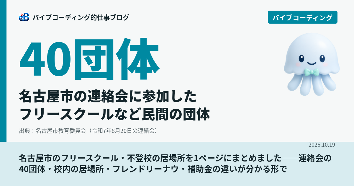 名古屋市のフリースクール・不登校の居場所を1ページにまとめました——連絡会の40団体・校内の居場所・フレンドリーナウ・補助金の違いが分かる形で