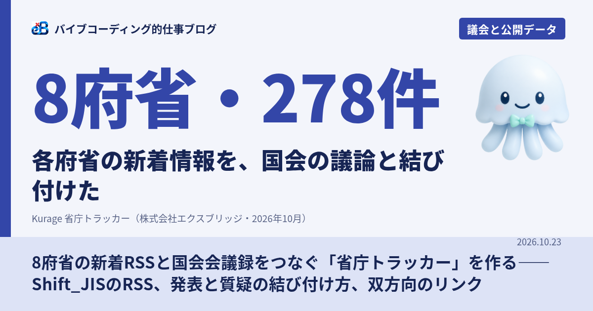 8府省の新着RSSと国会会議録をつなぐ「省庁トラッカー」を作る——Shift_JISのRSS、発表と質疑の結び付け方、双方向のリンク