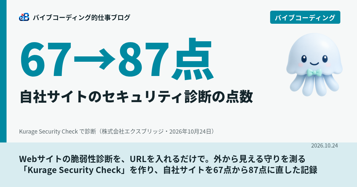 Webサイトの脆弱性診断を、URLを入れるだけで。外から見える守りを測る「Kurage Security Check」を作り、自社サイトを67点から87点に直した記録