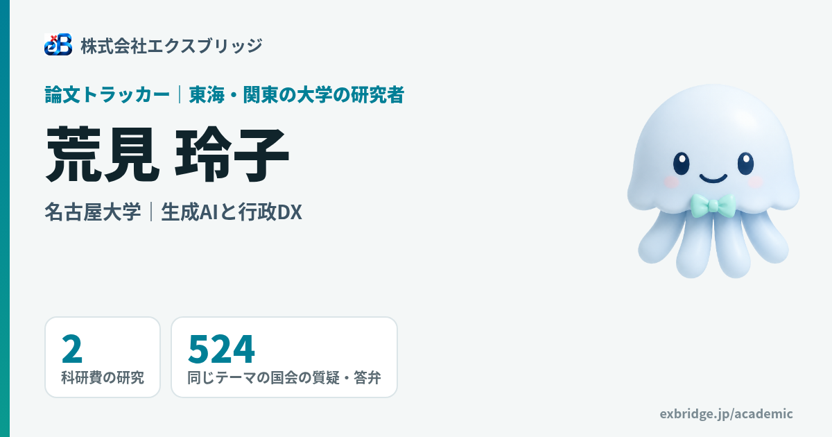 研究者のページのカード画像。名前、名古屋大学、テーマ、科研費の研究の件数