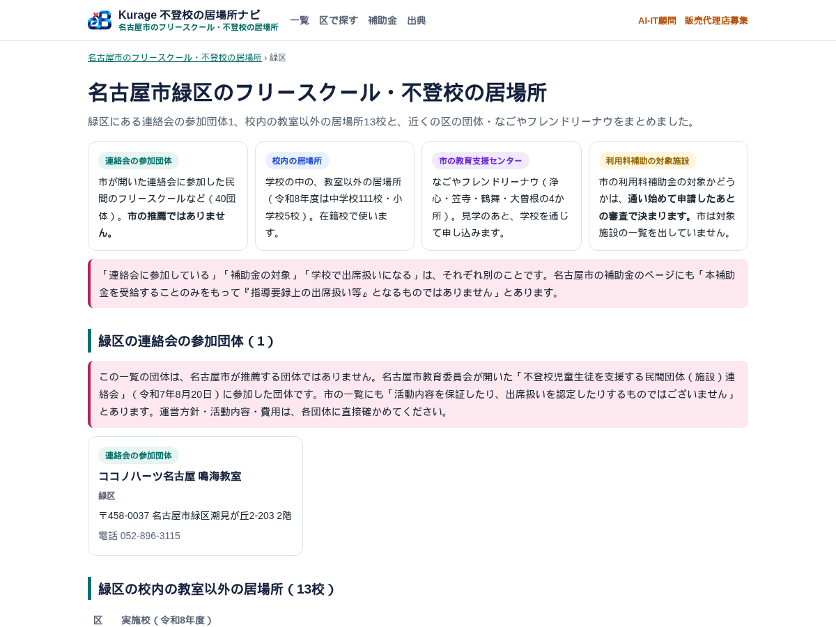 名古屋市緑区のページ。緑区の連絡会の参加団体と、校内の居場所の実施校13校を並べている