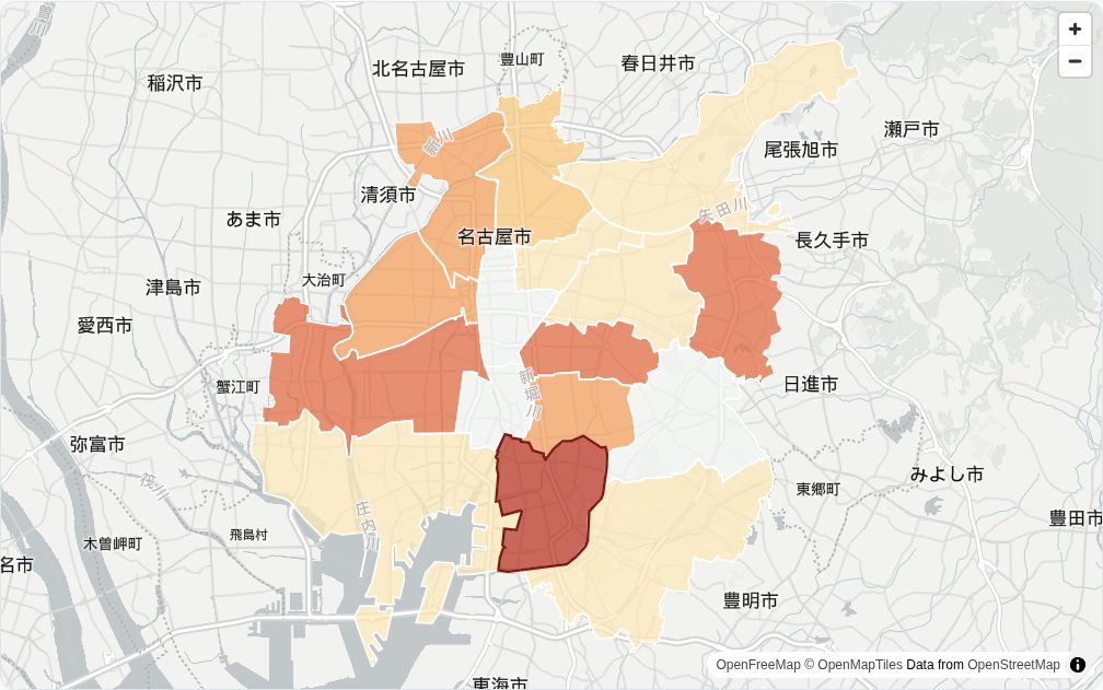 名古屋市の区ごとのインフルエンザ（Kurage 感染症マップ）