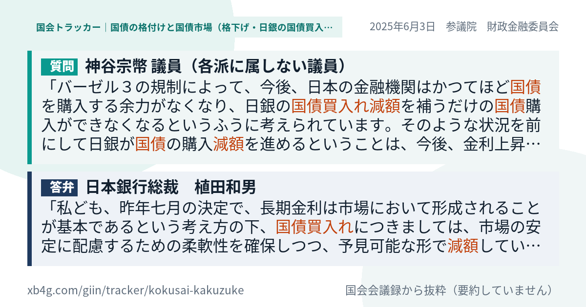 修正後の質疑カード。質問の下に、日本銀行総裁　植田和男の答弁が組になって出ている